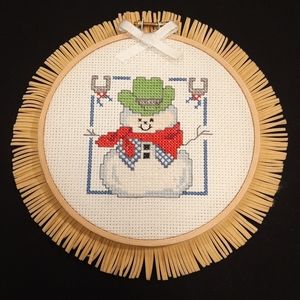 Vintage Cowboy Snowman Cross Stitch 5.5" Wood Hoop Frame w/ Fringe ~ Finished